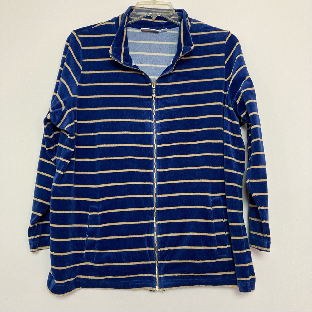 Quacker Factory 1X XL Blue Gold Striped Zip Up Long Sleeve Velour Bling Zipper